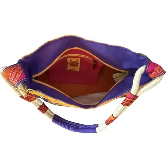 Laurel Burch Fantasticats Purse Shoulder Bag 6 Cats Zip Canvas Wood Bag Charm - Picture 11 of 15